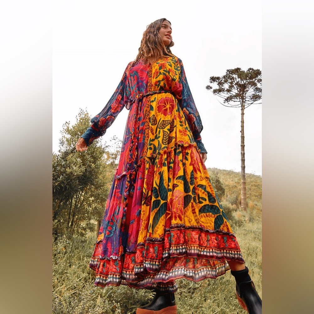 Farm Rio Mixed Prints Button Down Maxi Dress